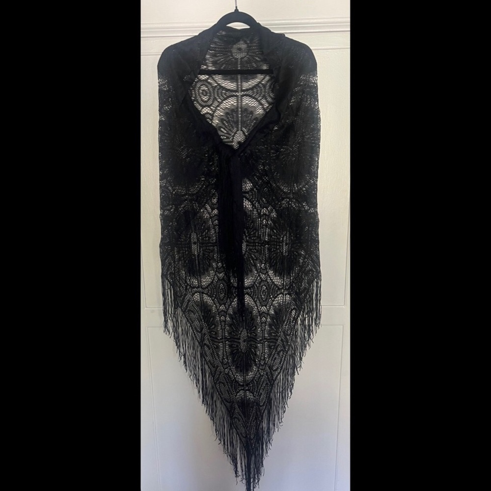 Black Lace Fringe Shawl - Women Accessories